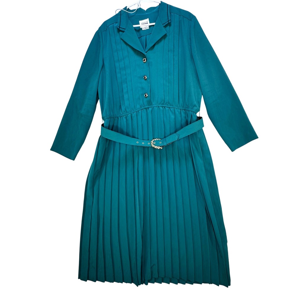 Leslie Fay Dress Womens 18 Teal Pleated Skirt Belted Vintage 80s Secretary Midi
